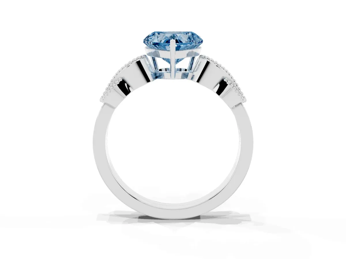 Fancy Blue Heart Cut Solitaire Milgrain Leaf Band with Prong Setting Silver