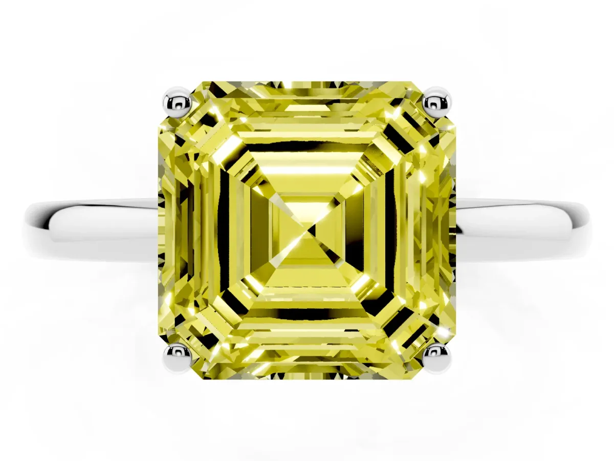 Fancy Yellow Asscher Cut Solitaire Diamond Ring with Prong Setting and Plain Band Platinum