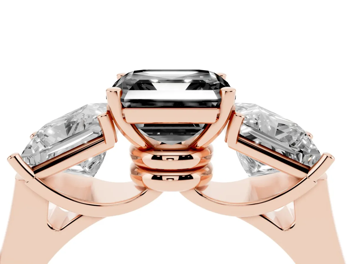Fancy Black Three-Stone Asscher Cut Brilliant Diamond Trellis Ring with Comfort Fit Band Rose gold
