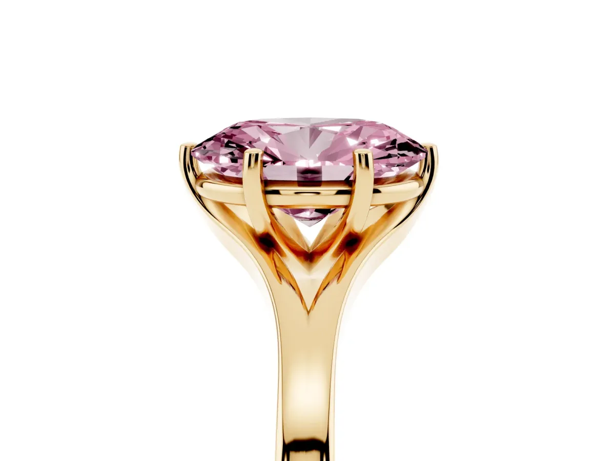 Fancy Pink Oval Cut Solitaire Diamond Ring with Six-Prong Setting and Tapered Band Yellow gold