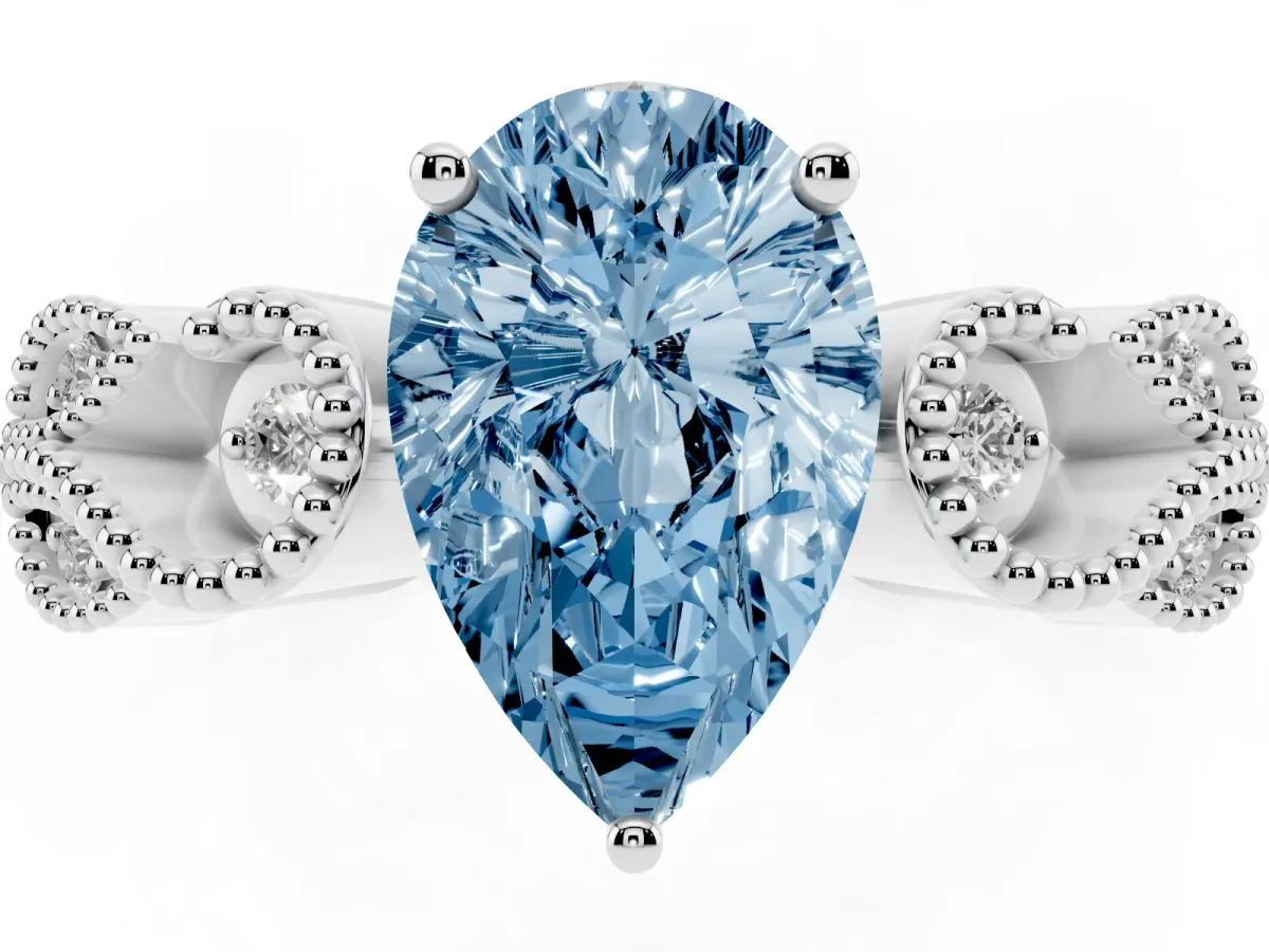 Fancy Blue Pear Cut Solitaire Milgrain Leaf Band with Prong Setting Silver