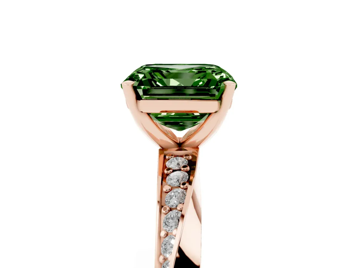Fancy Green Asscher Cut Diamond Engagement Ring with Side Stone Accents and Four-Prong Setting Rose gold