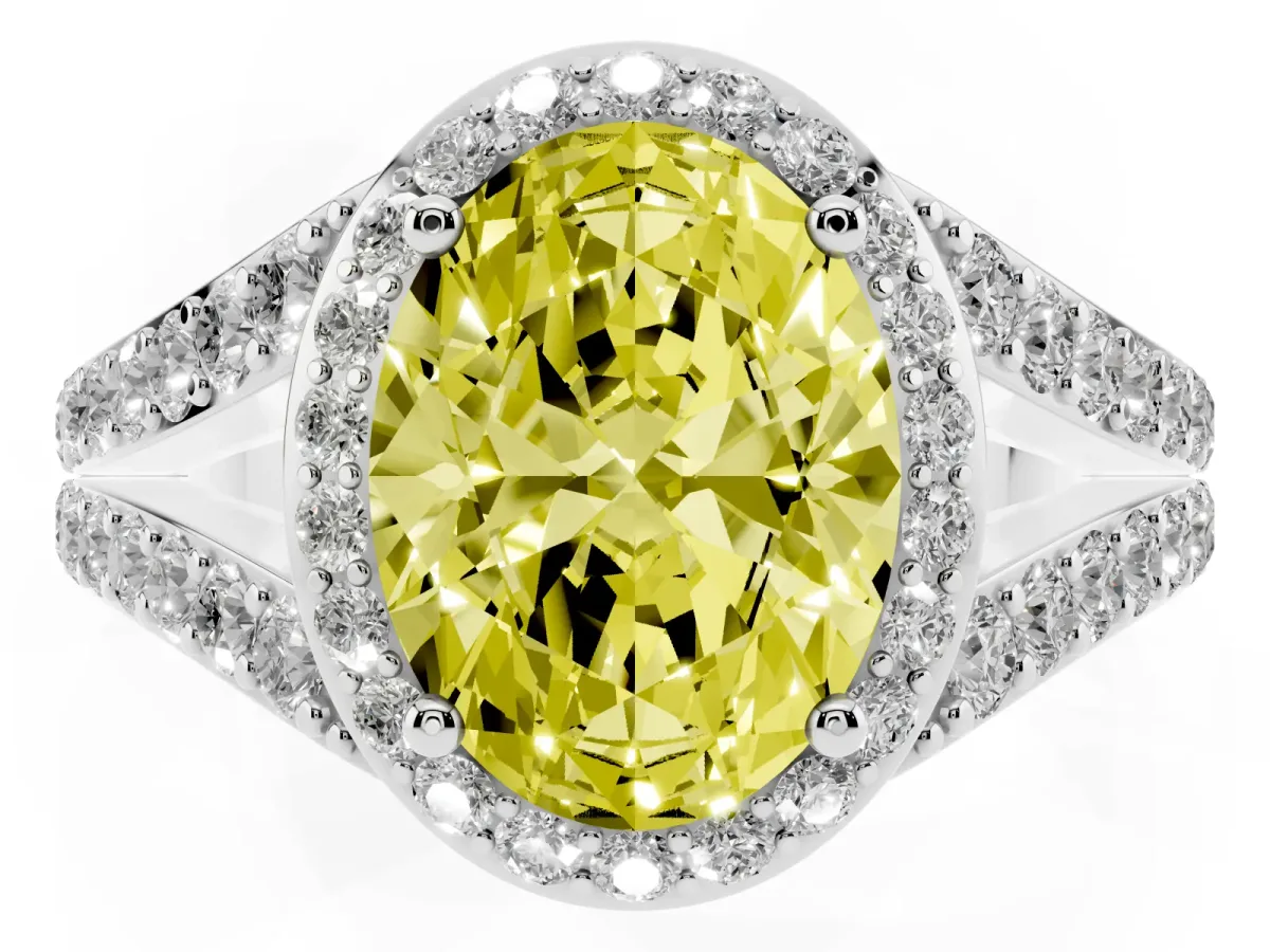 Fancy Yellow Oval Cut Diamond Split Shank Halo Ring with Four-Prong Setting Silver