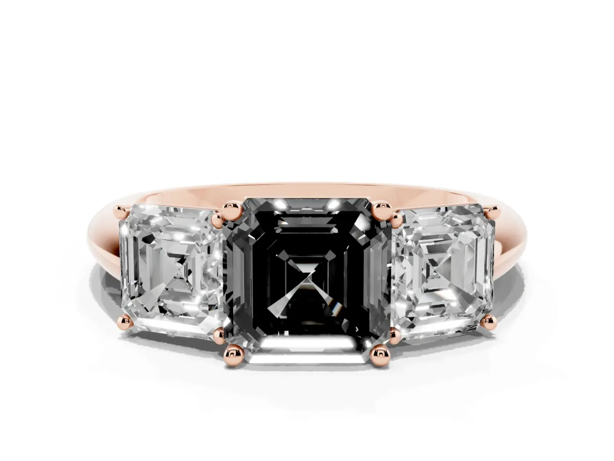 Fancy Black Three-Stone Asscher Cut Cut Diamond Engagement Ring with Prong Setting on a White Gold Band Rose gold