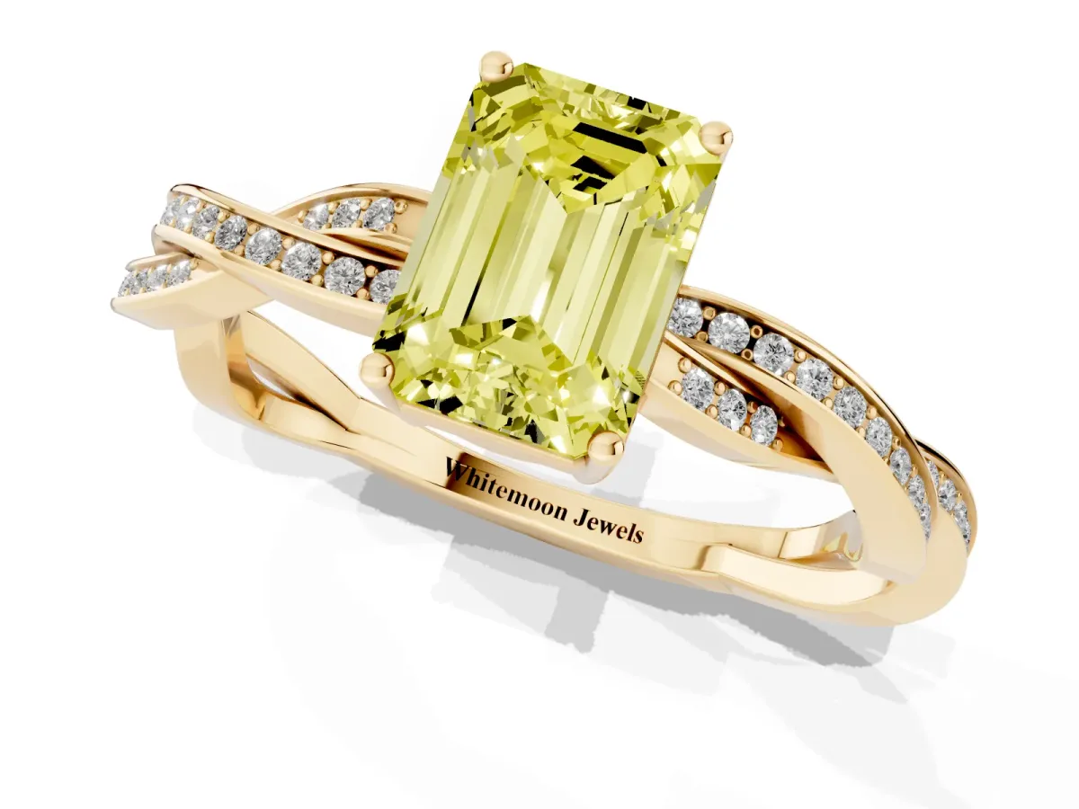 Fancy Yellow Emerald Cut Solitaire Twisted Pave Diamond Ring with Four-Prong Setting Yellow gold