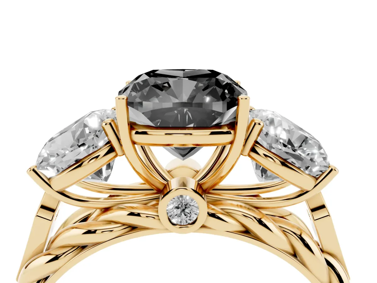 Fancy Black Three-Stone Cushion Cut Diamond Braided Band Ring with Four-Prong Setting Yellow gold