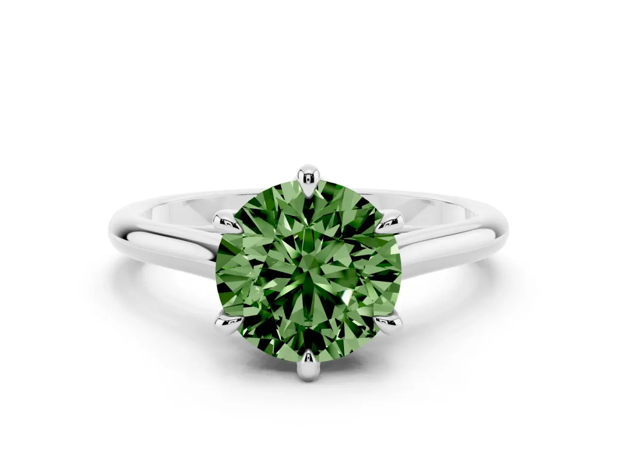 Fancy Green Round Cut Solitaire Engagement Ring with Six-Prong Setting and Classic Band Silver