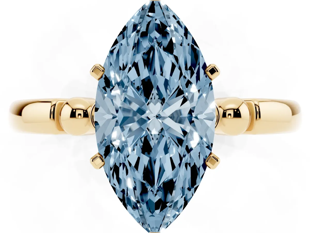 Fancy Blue Marquise Cut Solitaire Beaded Band with Four-Prong Setting Yellow gold