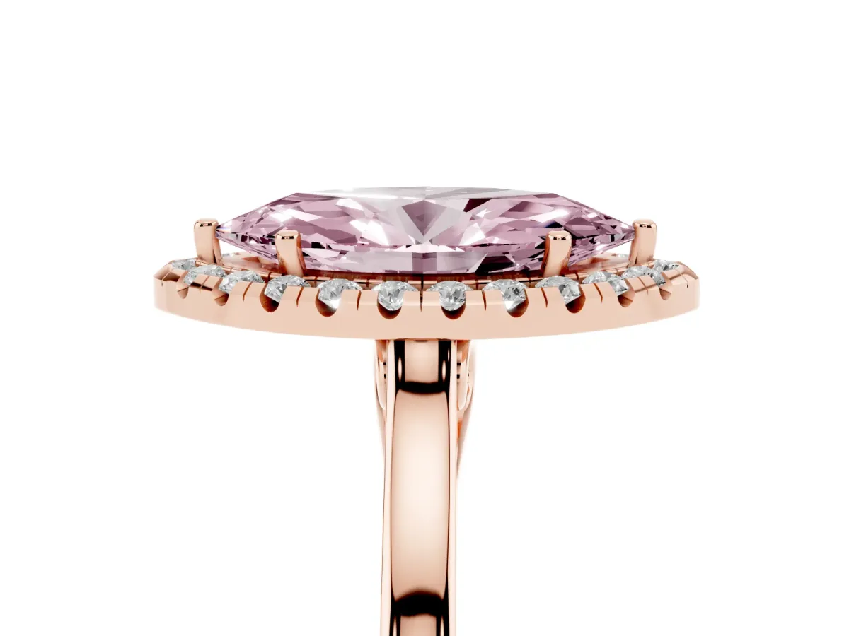 Fancy Pink Marquise Cut Halo Round Diamond Solitaire Ring with Pavé Band and Four-Prong Setting Rose gold