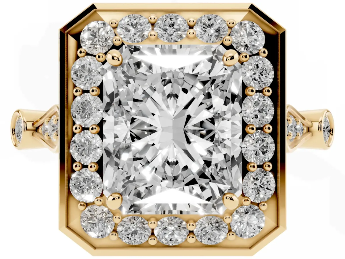 Radiant Cut Halo Diamond Engagement Ring with Twisted Band and Four-Prong Setting Yellow gold