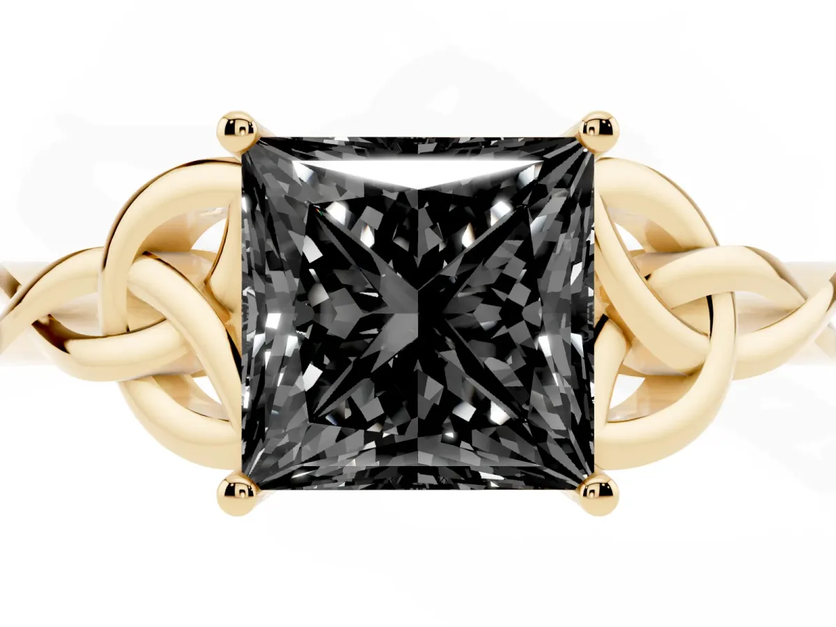 Fancy Black Princess Cut Diamond Solitaire Engagement Ring with Celtic Knot Band and Four-Prong Setting Yellow gold