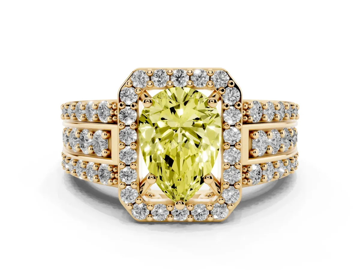 Fancy Yellow Pear Cut Halo Diamond Ring with Round Split Shank and Prong Setting Yellow gold
