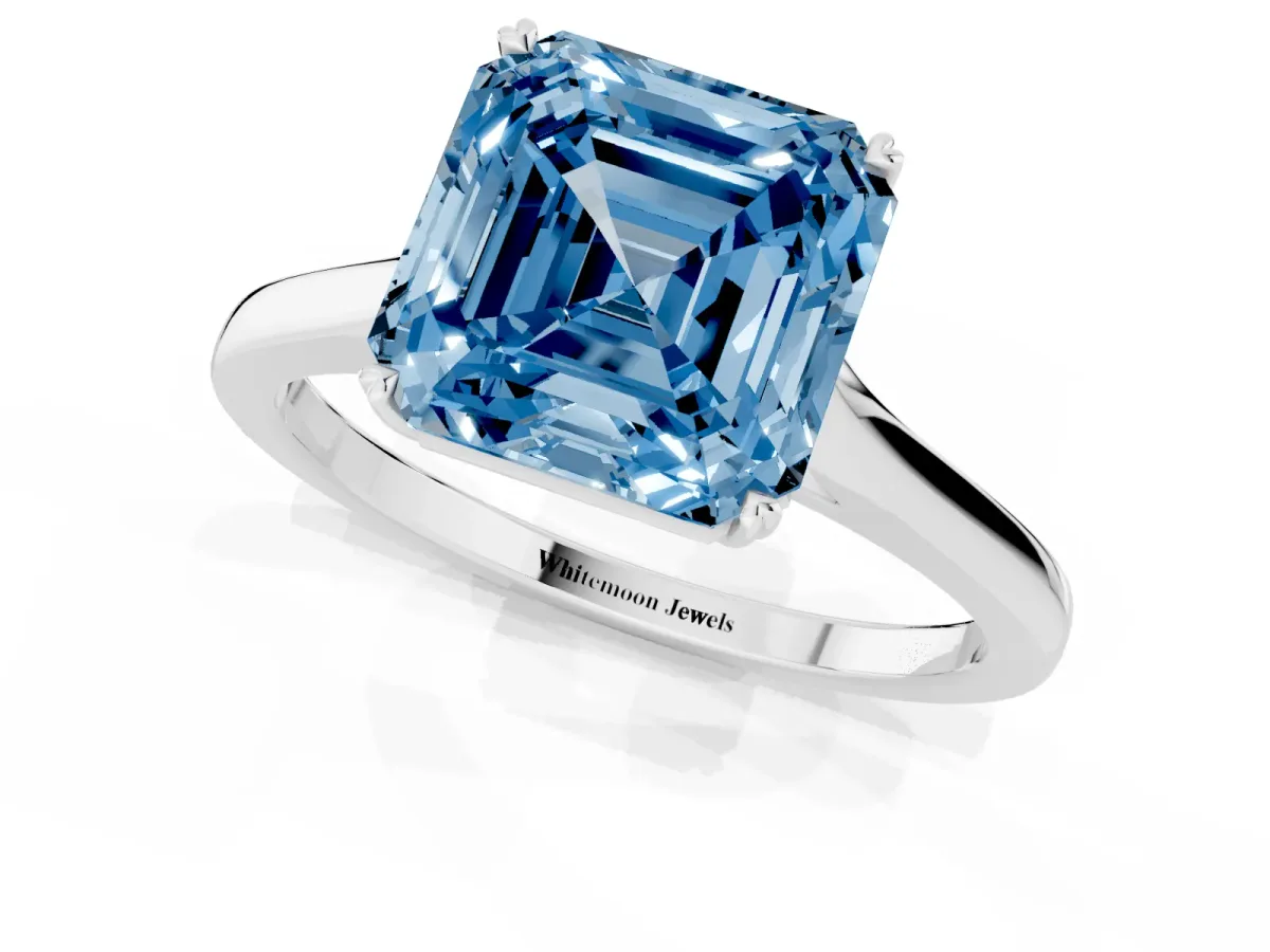 Fancy Blue Asscher Cut Solitaire Heart Prong Engagement Ring with Tapered Band Platinum