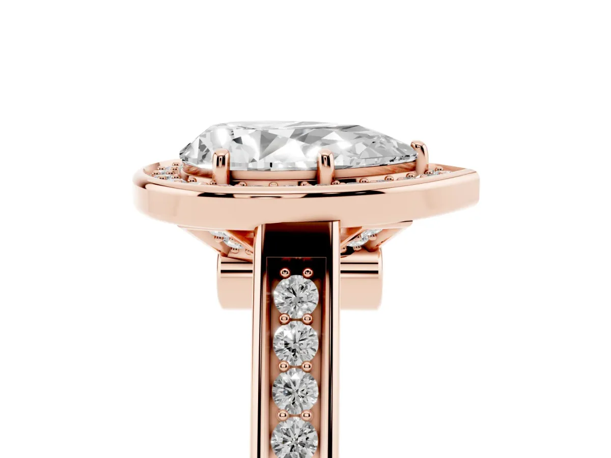 Pear Cut Halo Solitaire Diamond Ring with Pave Band and Bezel Setting Rose gold