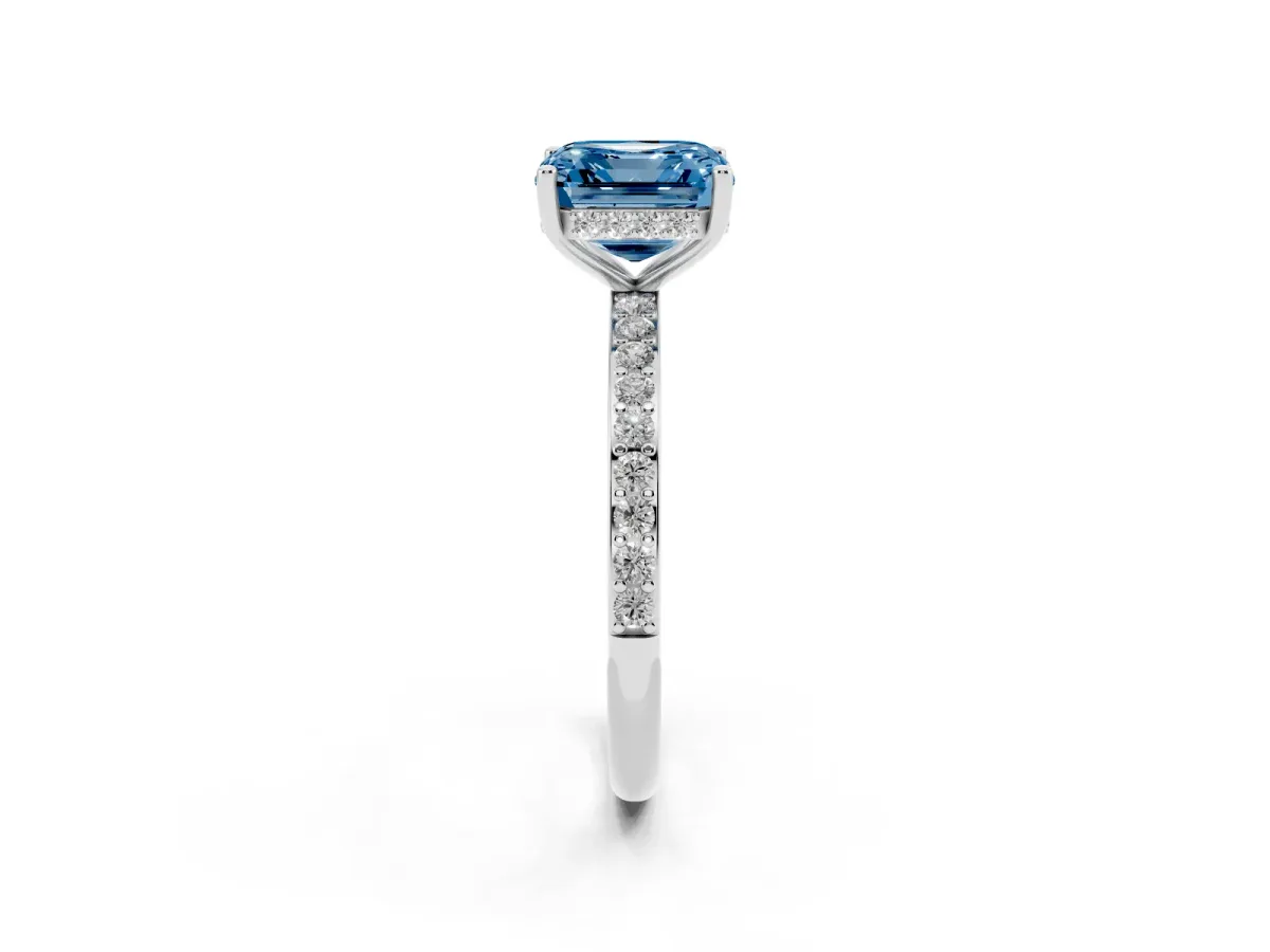 Fancy Blue Asscher Cut Cut Diamond Pavé Band Ring with Four-Prong Setting Silver