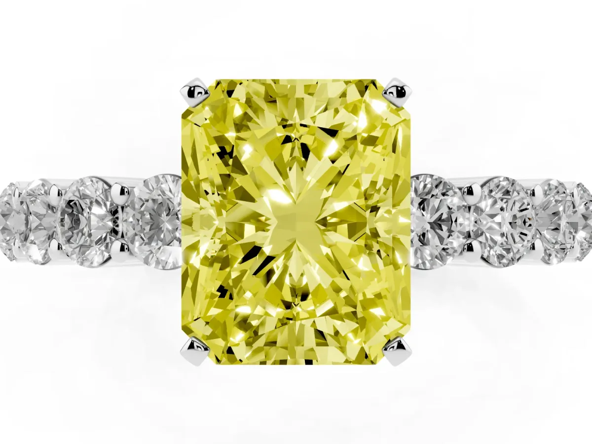 Fancy Yellow Radiant Cut Diamond Solitaire Ring with Shared Prong Round Side Stones Platinum