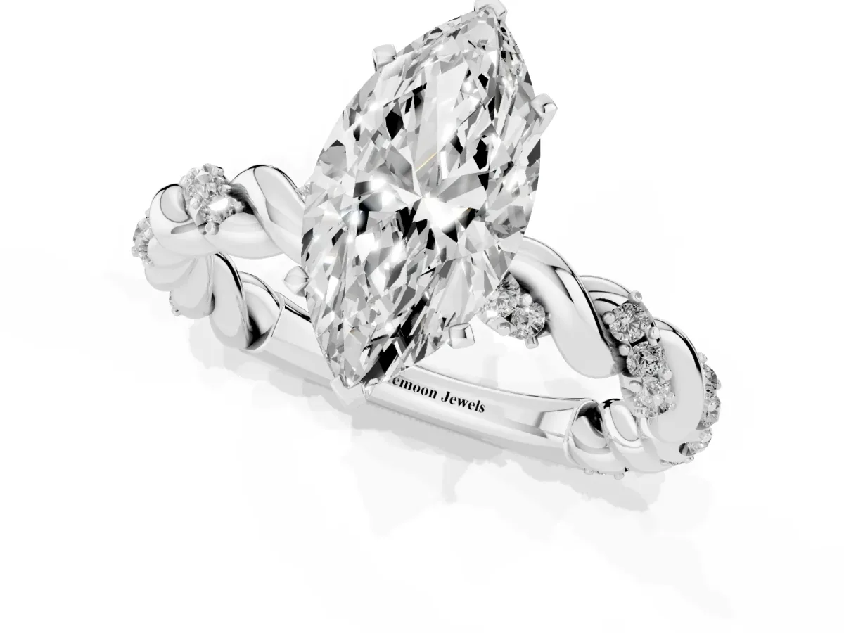 Marquise Cut Diamond Solitaire Ring with Twisted Band and Pavé Accents Platinum