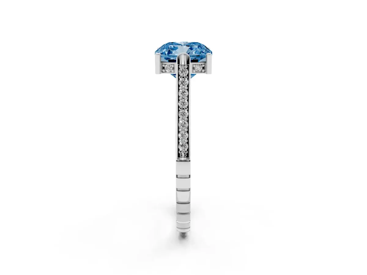 Fancy Blue Cushion Cut Solitaire Diamond Ring with Channel Set Band and Bezel Prong Setting Platinum