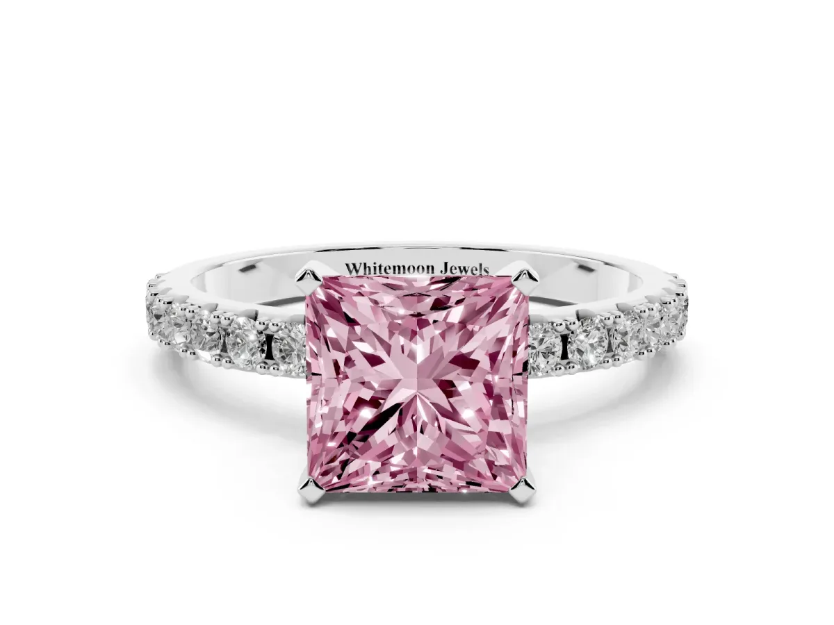 Fancy Pink Princess Cut Diamond Solitaire Pavé Band with Four-Prong Setting Silver