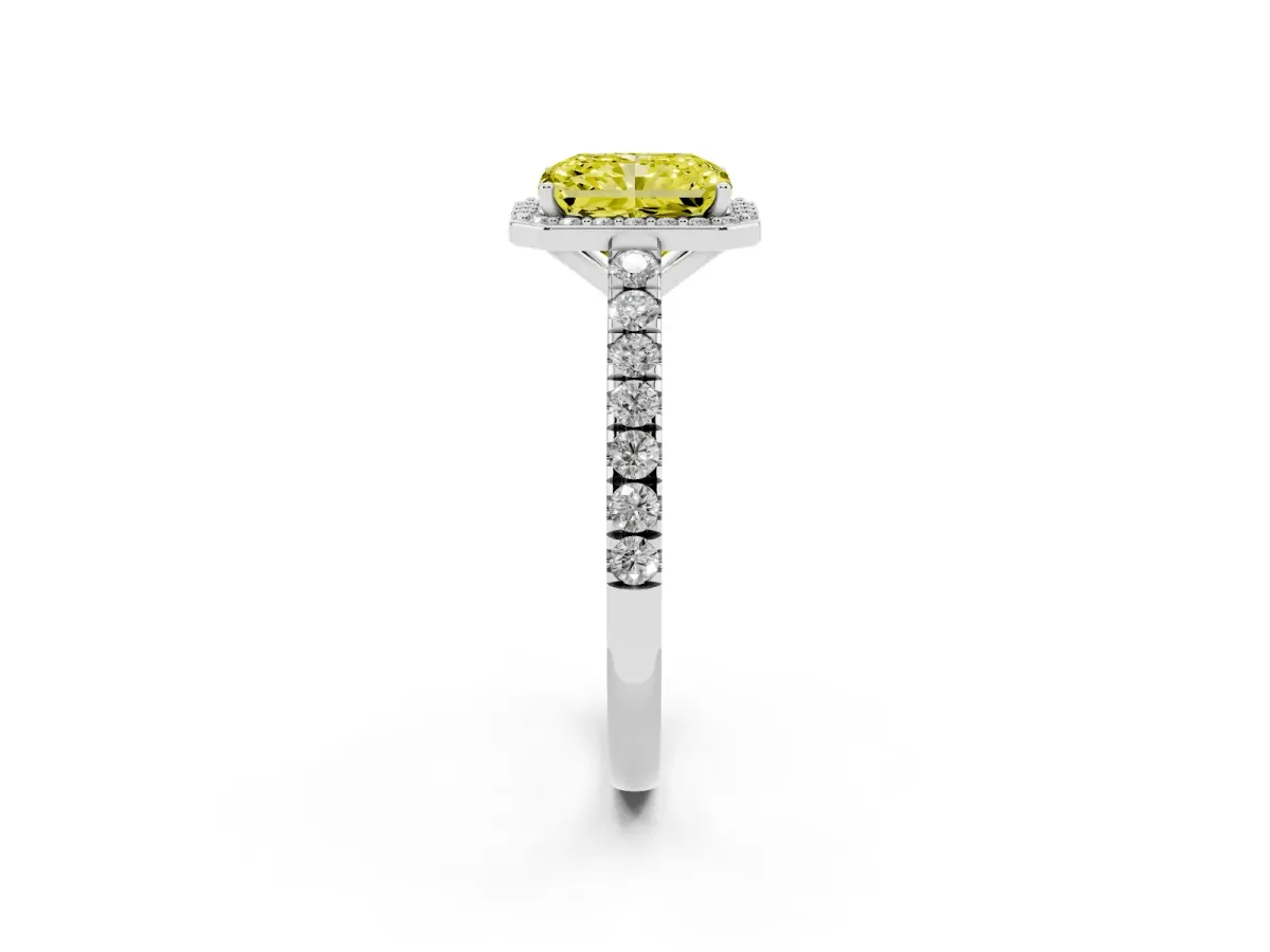 Fancy Yellow Radiant Cut Cut Halo Diamond Engagement Ring with Pave Band and Four-Prong Setting Platinum