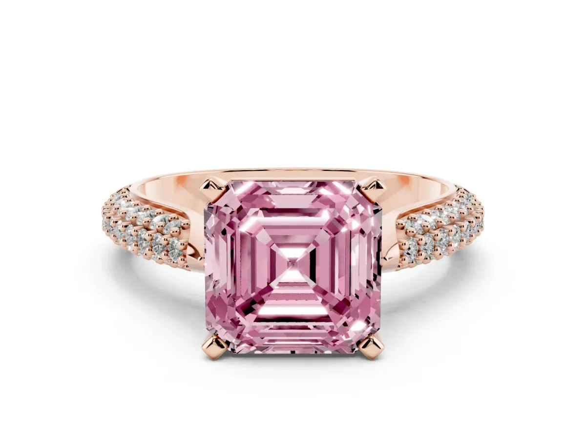 Fancy Pink Asscher Cut Diamond Solitaire Engagement Ring with Multi-Row Round Pavé Band and Prong Setting Rose gold