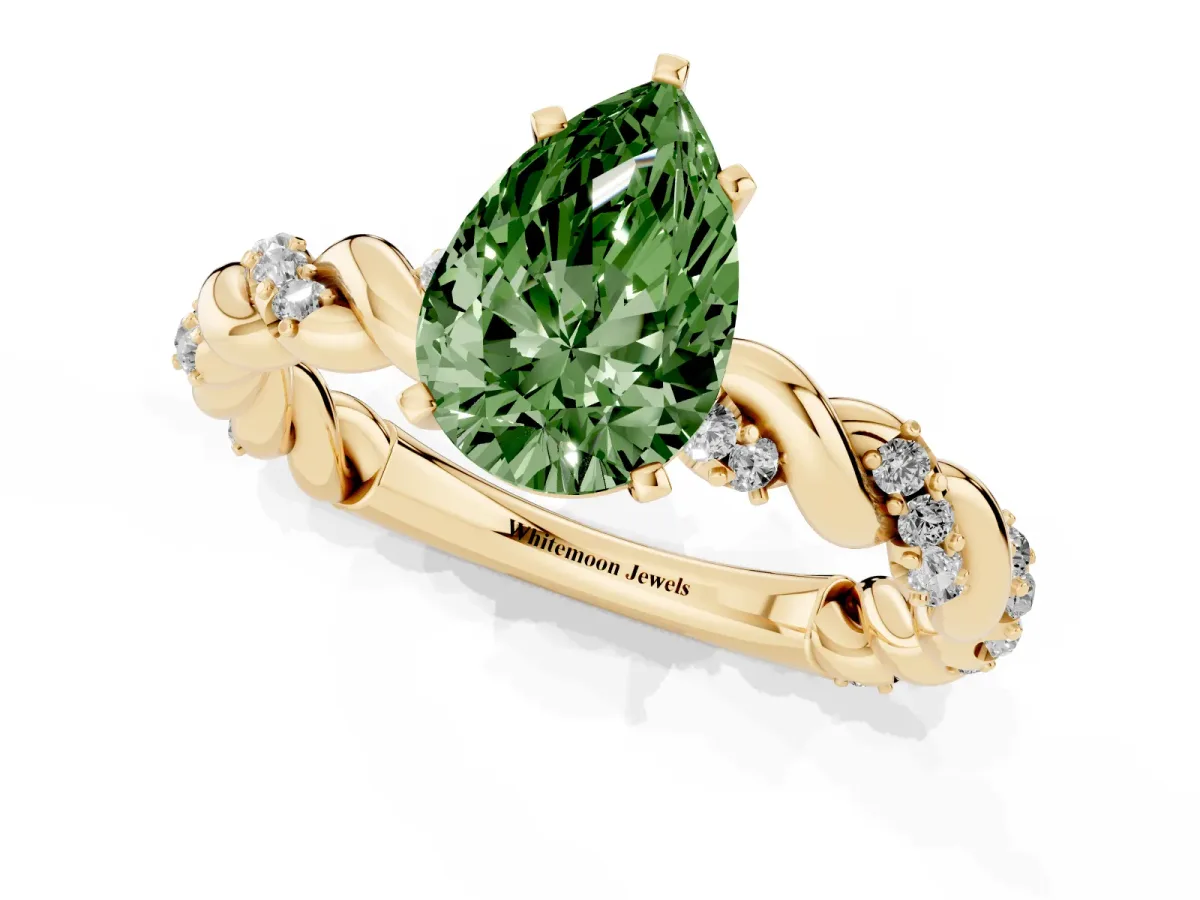 Fancy Green Pear Cut Diamond Solitaire Ring with Twisted Band and Pavé Accents Yellow gold