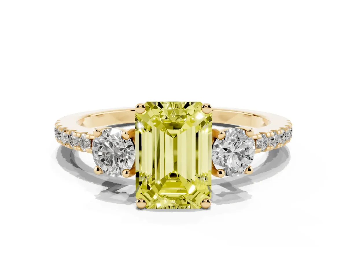 Fancy Yellow Three-Stone Emerald Cut Cut Diamond Pavé Band with Prong Setting Yellow gold