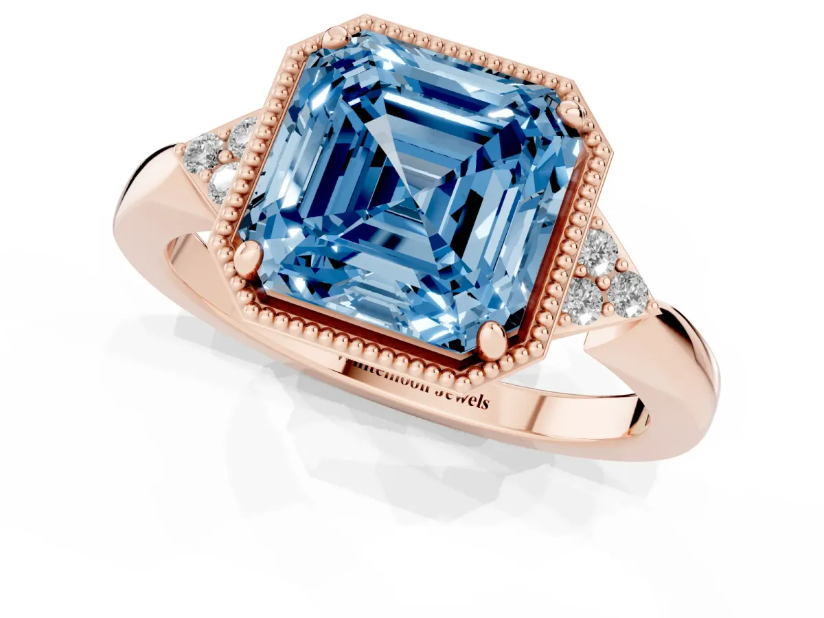 Fancy Blue Hexagonal Halo Asscher Cut Diamond Solitaire with Pavé Band and Four-Prong Setting Rose gold