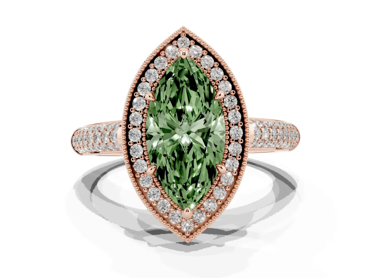 Fancy Green Marquise Cut Cut Halo Diamond Pave Band with Four-Prong Setting Rose gold