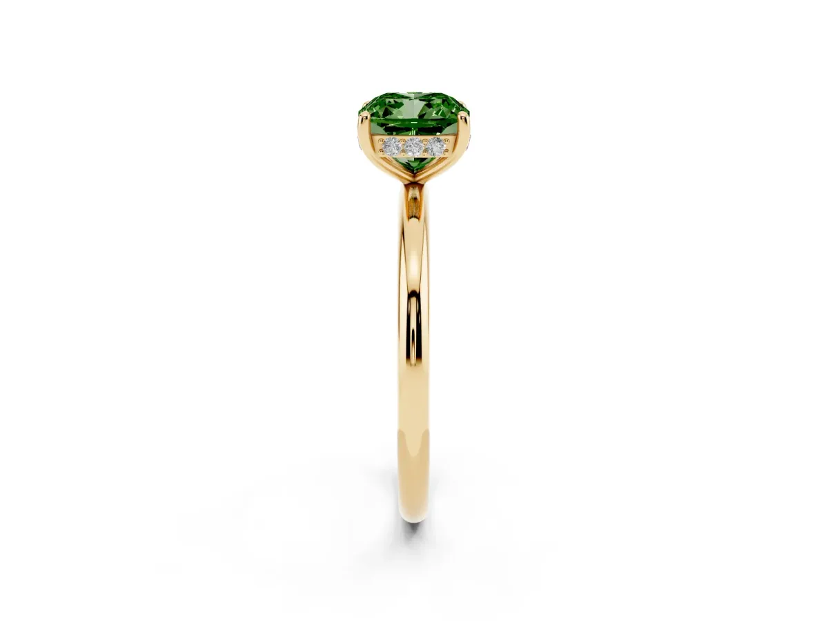 Fancy Green Cushion Cut Solitaire Diamond Ring with a Classic Band and Four-Prong Setting Yellow gold