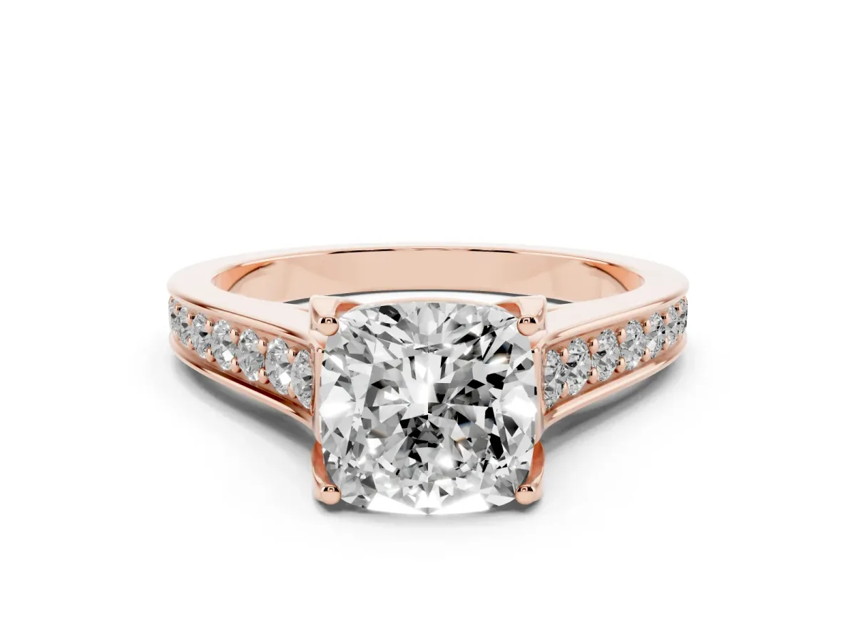 Cushion Cut Brilliant Cut Diamond Engagement Ring with Pavé Band and Four-Prong Setting Rose gold