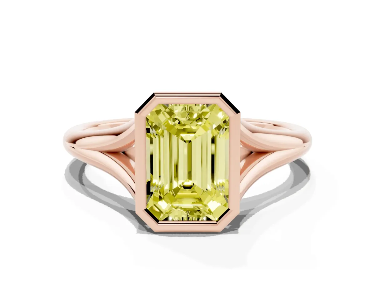 Fancy Yellow Bezel Set Emerald Cut Cut Solitaire Ring with Tapered Band Rose gold