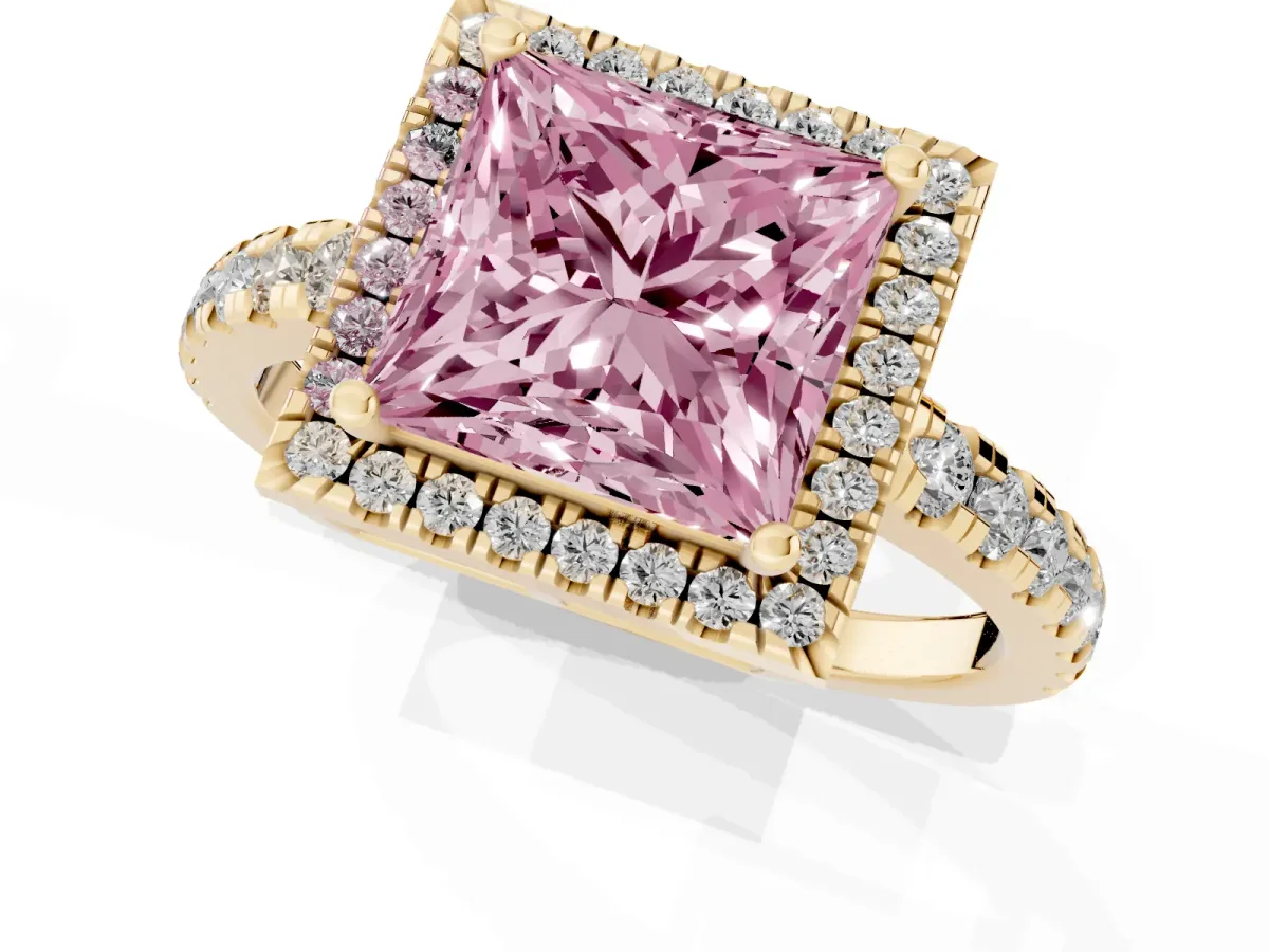 Fancy Pink Princess Cut Diamond Halo Ring with Pavé Band and Four-Prong Setting Yellow gold