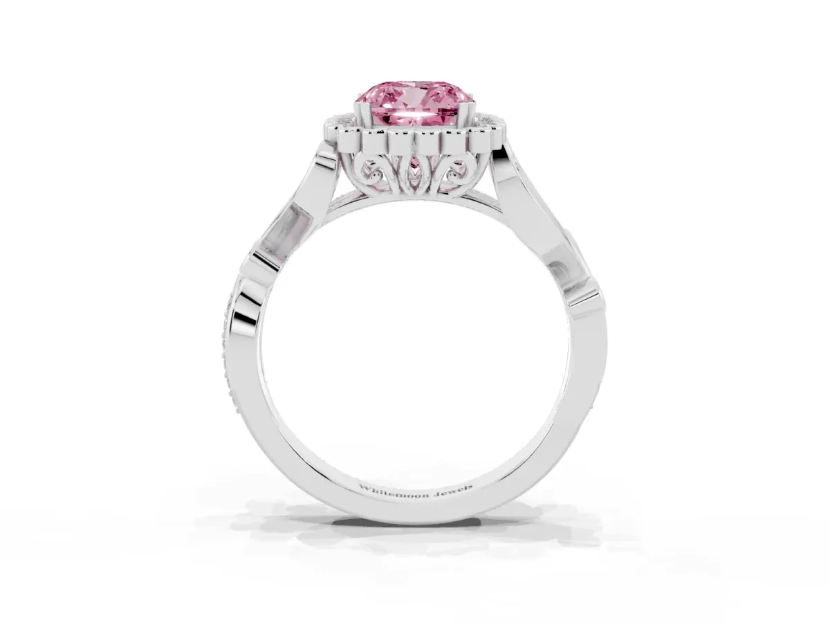 Fancy Pink Cushion Cut Diamond Halo Ring with Vintage Split Shank and Four-Prong Setting Silver