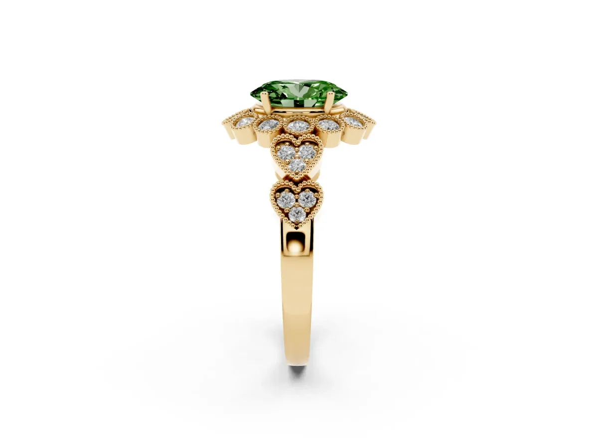 Fancy Green Oval Cut Brilliant Milgrain Pave Heart Band Solitaire Ring Yellow gold