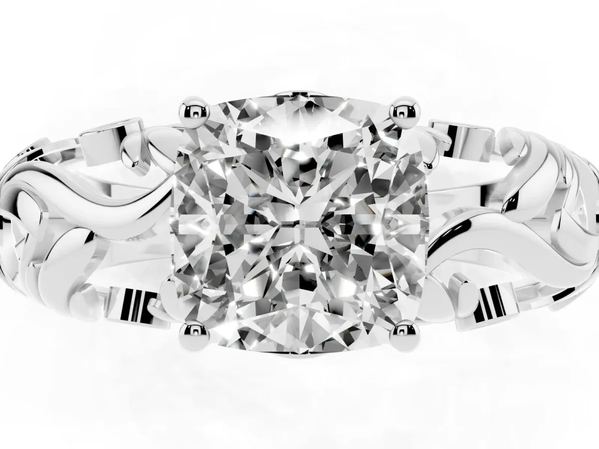 Cushion Cut Solitaire Diamond Leaf-Inspired Vine Band Ring with Prong Setting Platinum