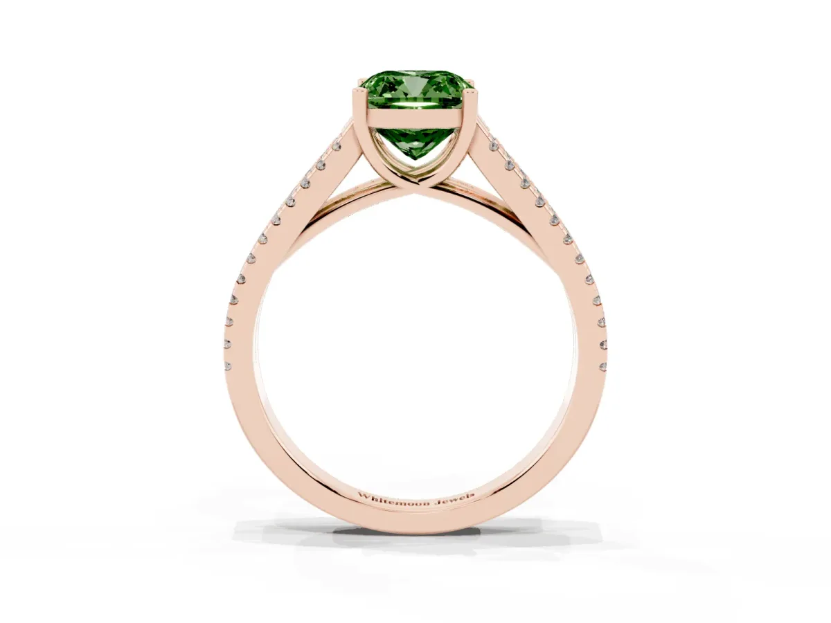 Fancy Green Cushion Cut Diamond Solitaire Engagement Ring with Split Shank Pavé Band Rose gold