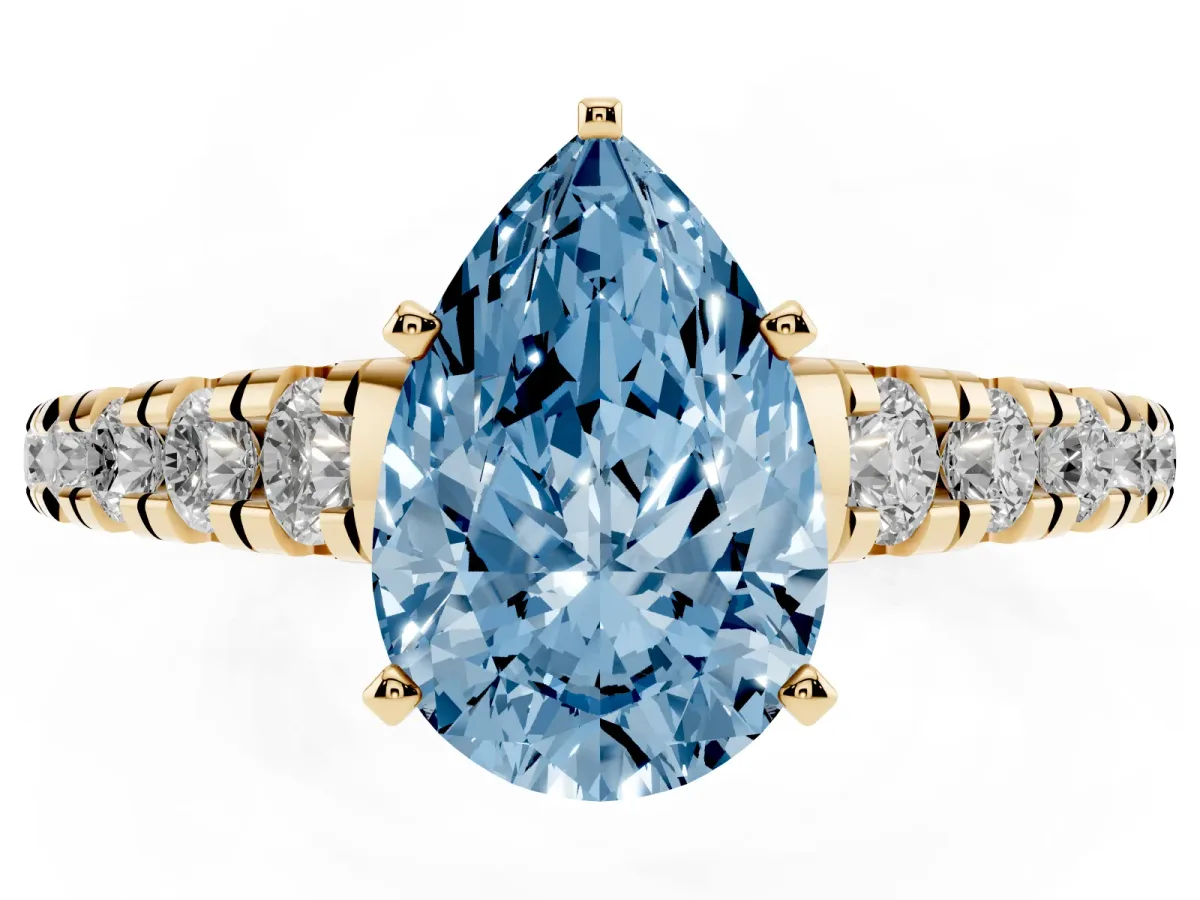 Fancy Blue Pear Cut Diamond Cathedral Solitaire Ring with Round Pavé Band Yellow gold