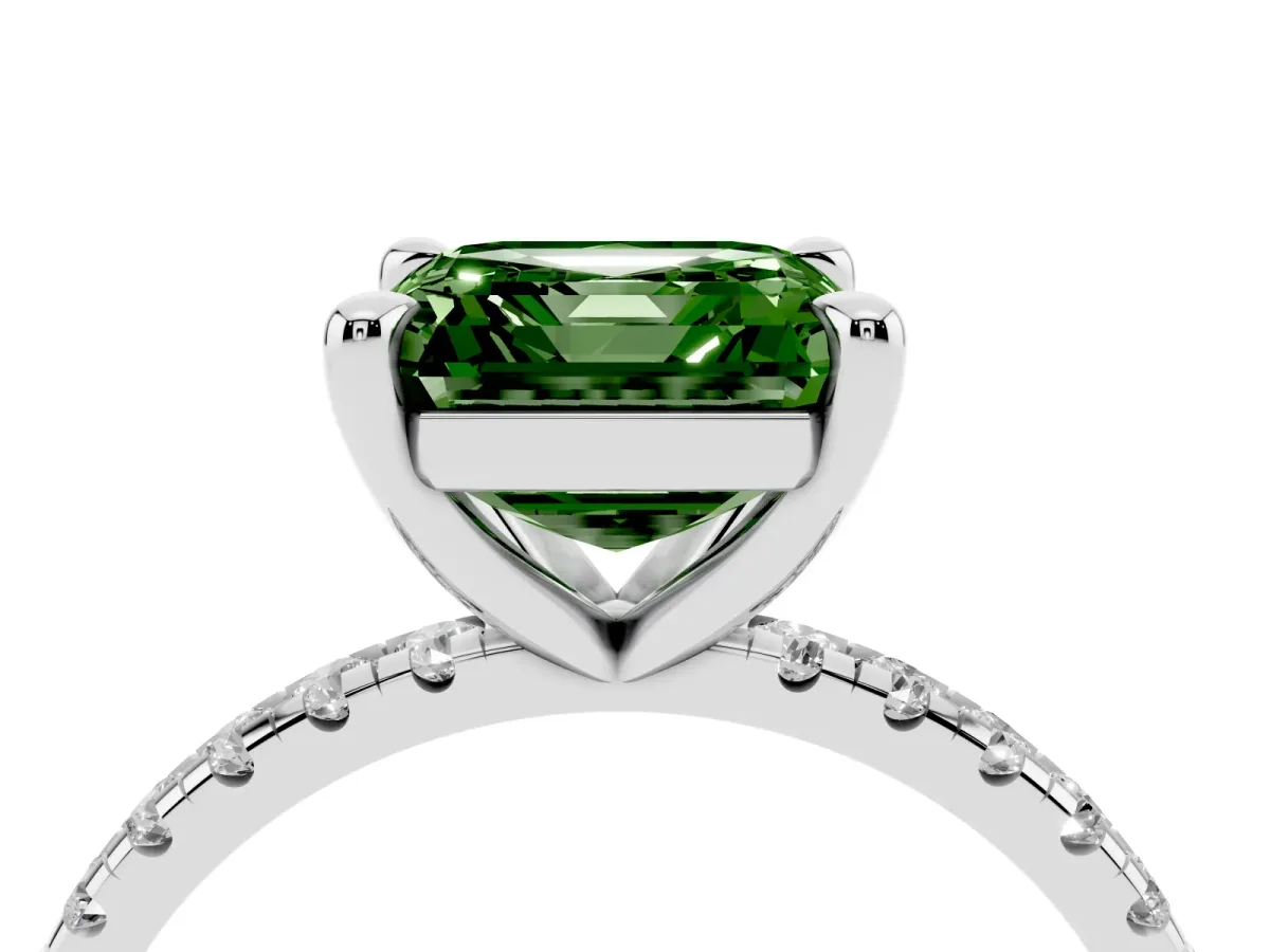 Fancy Green Asscher Cut Diamond Brilliant Solitaire Ring with Pavé Band and Four-Prong Setting White gold