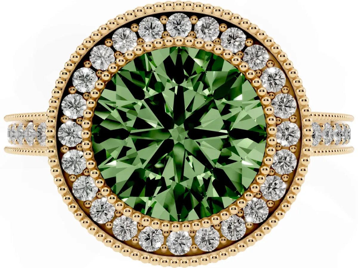 Fancy Green Round Cut Cut Halo Diamond Ring with Pavé Band and Milgrain Prong Setting Yellow gold