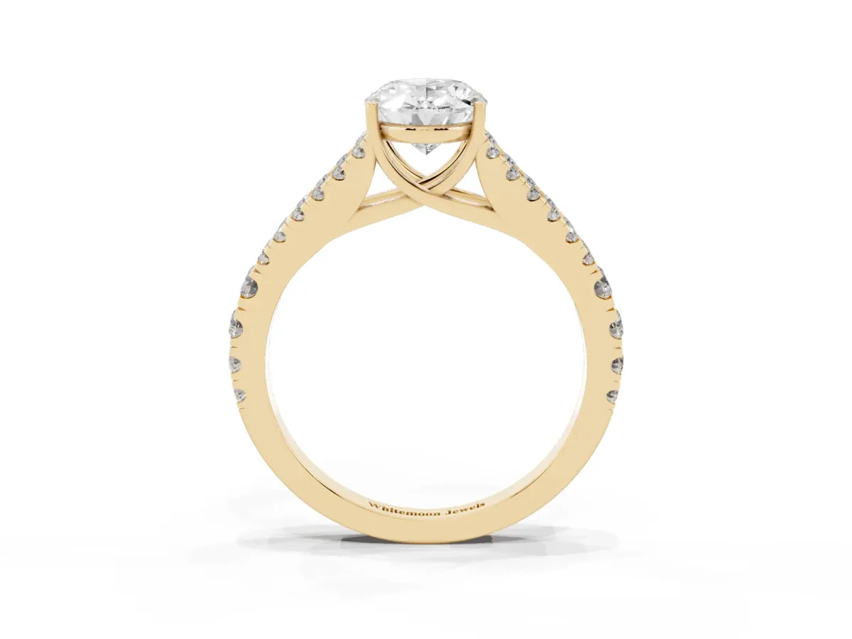 Oval Cut Diamond Split Shank Engagement Ring with Round Pavé and Prong Setting Yellow gold