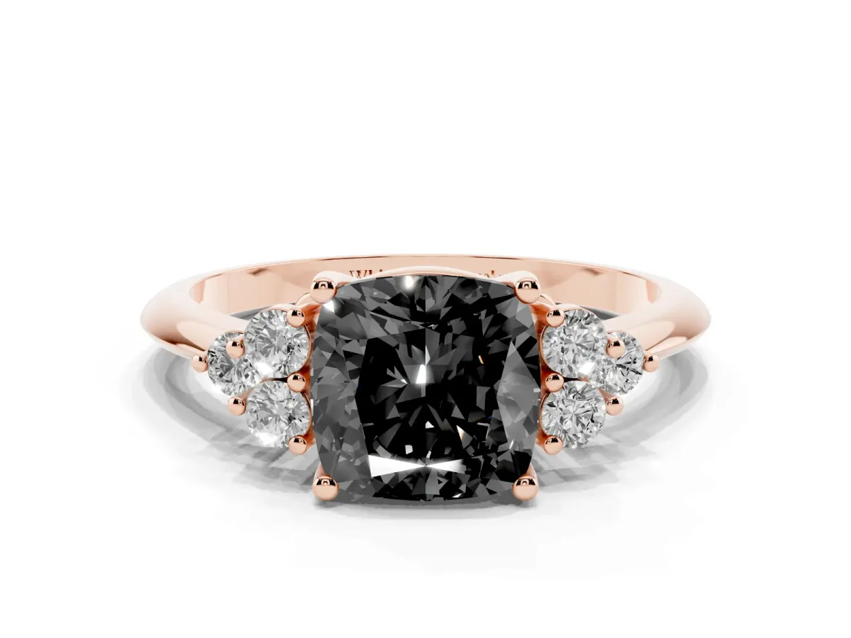 Fancy Black Cushion Cut Cut Diamond Cluster Ring with Solitaire Band and Four-Prong Setting Rose gold