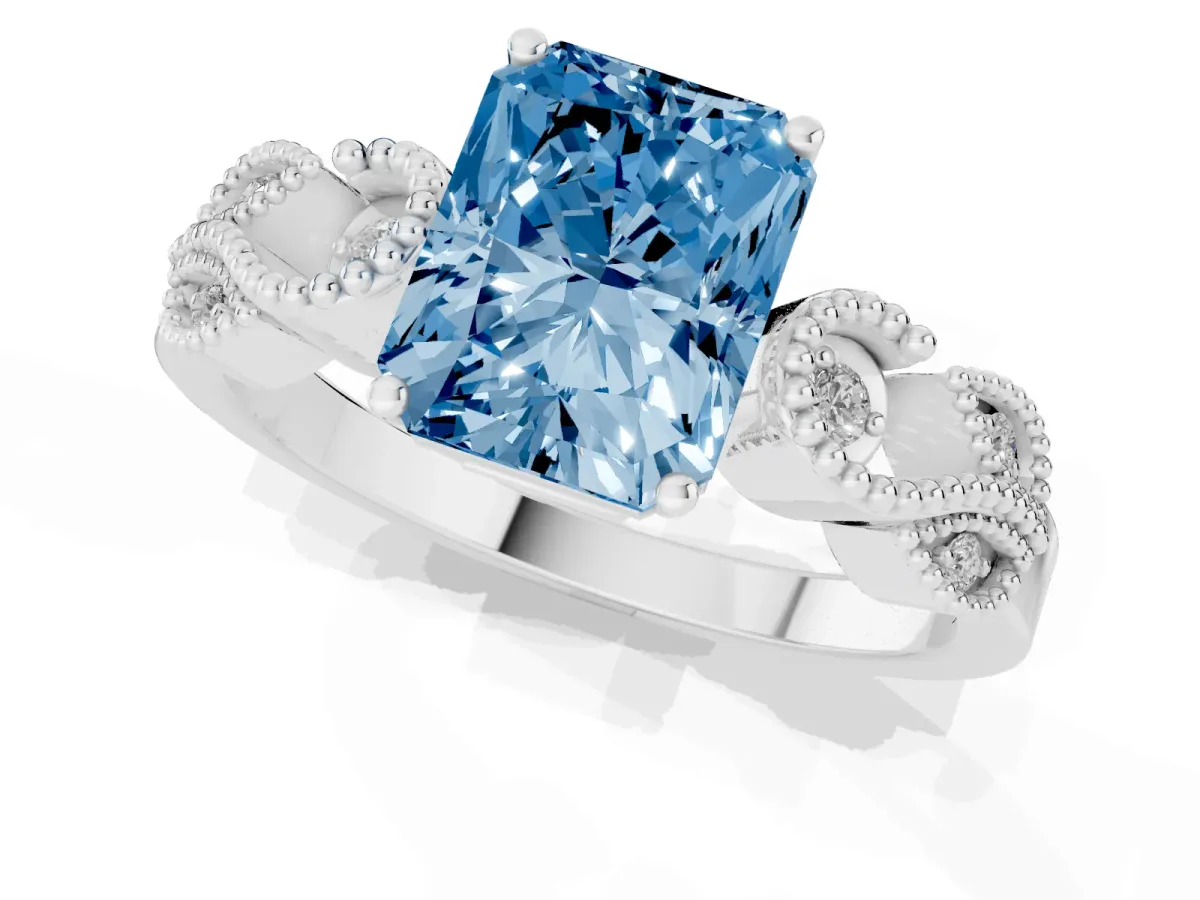 Fancy Blue Radiant Cut Solitaire Milgrain Leaf Band with Prong Setting White gold