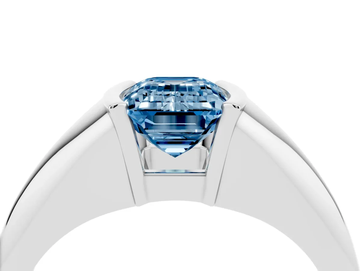 Fancy Blue Emerald Cut Solitaire Tension Set Diamond Ring White gold