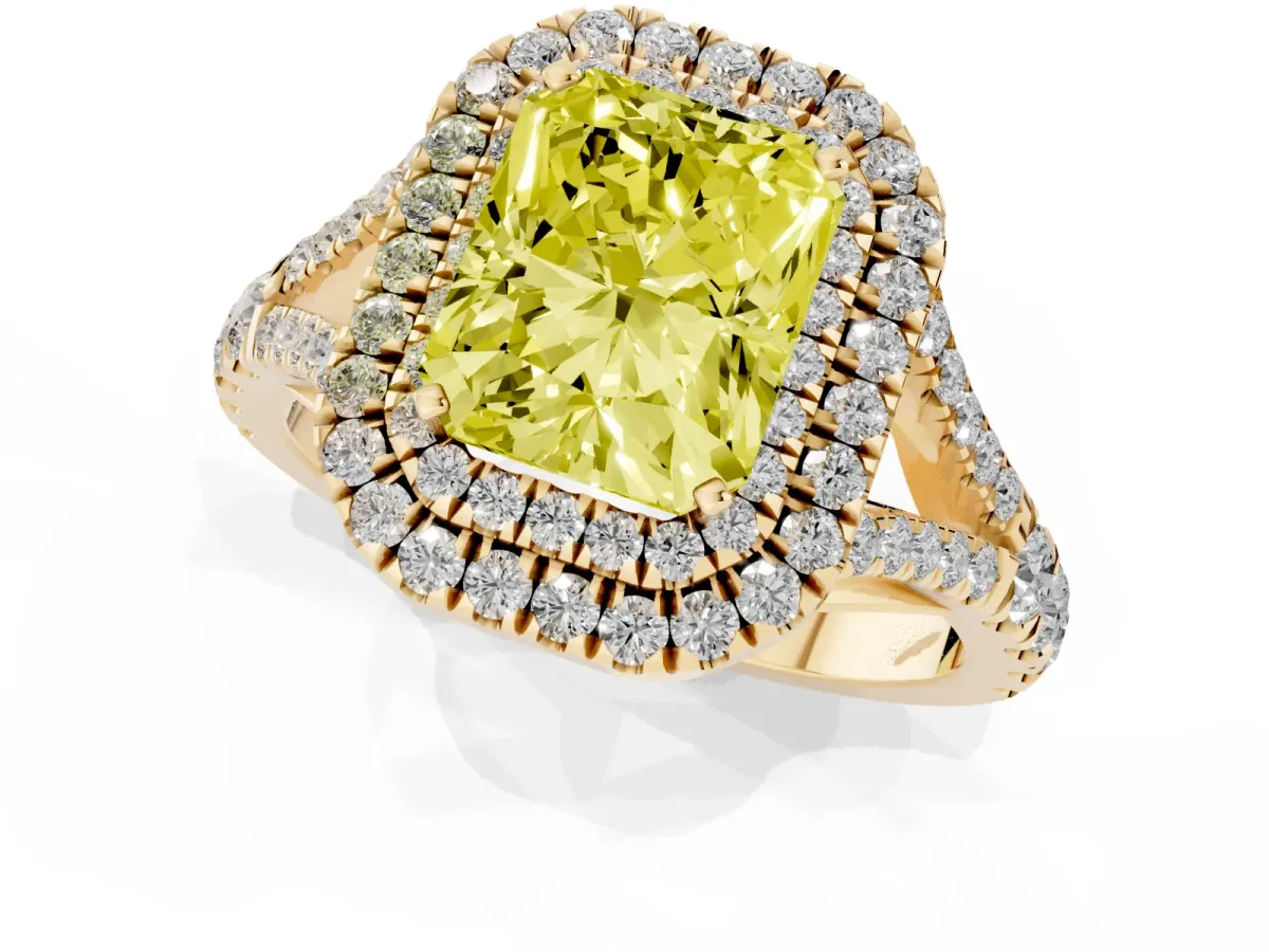 Fancy Yellow Radiant Cut Diamond Pavé Split Shank Double Halo Engagement Ring Yellow gold
