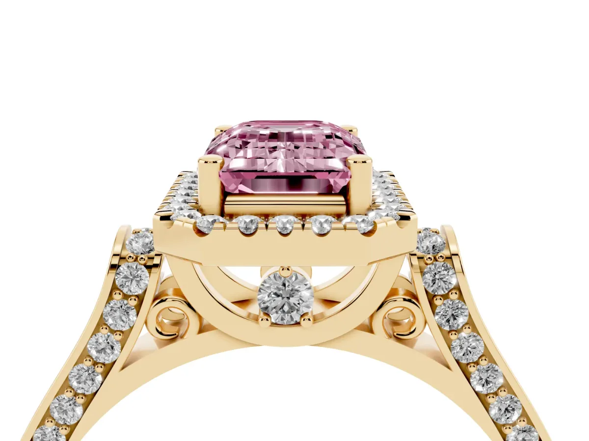 Fancy Pink Emerald Cut Halo Pave Split Shank Prong Setting Ring Yellow gold