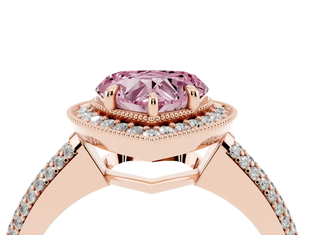Fancy Pink Heart Cut Cut Halo Diamond Pave Band with Four-Prong Setting Rose gold