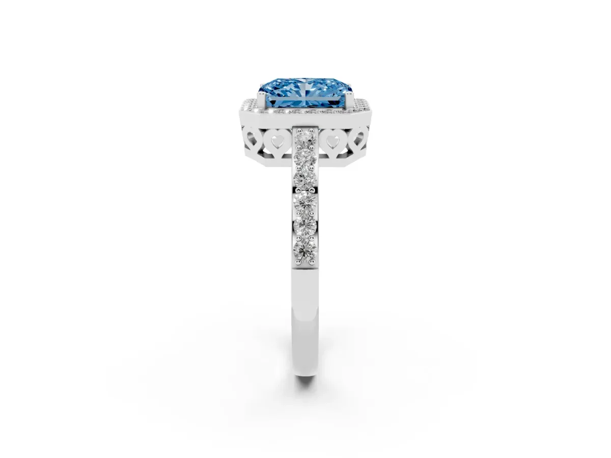 Fancy Blue Radiant Cut Halo Diamond Pavé Band Ring with Prong Setting Silver