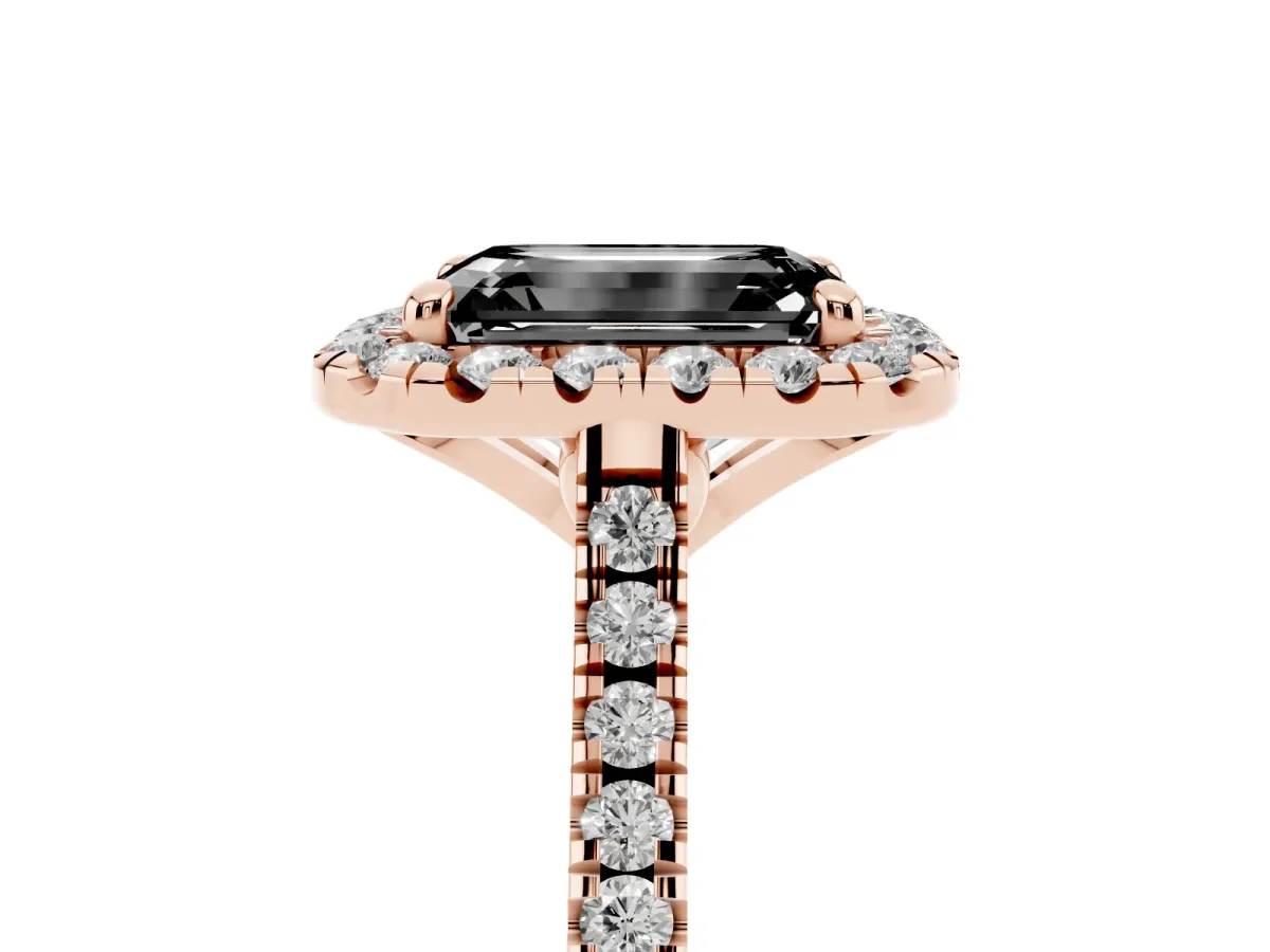 Fancy Black Emerald Cut Diamond Cushion Halo Ring with Pavé Band Rose gold