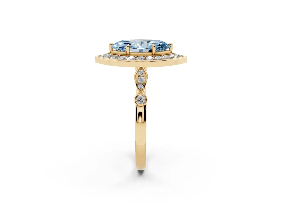 Fancy Blue Marquise Cut Halo Diamond Engagement Ring with Twisted Band and Four-Prong Setting Yellow gold